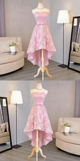 Nice Pink High Low Lace Dress, Pink High Low Dress, Lace Dress, Homecoming Dress